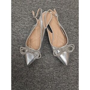BCBG Kristin Silver Sling Back Flat Metallic Crystal Bow sz 7.5  Bling Bow